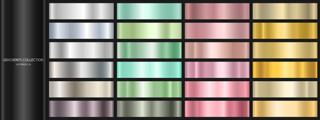 A set of metal gradients. Background surface template with chrome texture. A collection of colorful palettes. Vector EPS 10.のイラスト素材