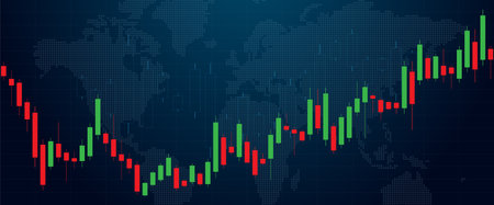 A chart of business candlesticks of investment trading on the stock market on a dark blue background. A chart with green-red candlesticks. Bullish point, the trend of the chart. Vector EPS 10.のイラスト素材