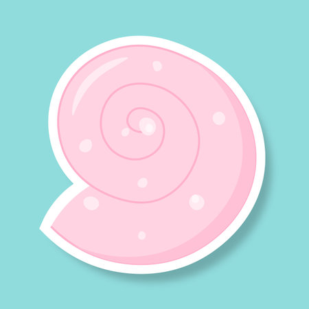 A cartoon-style shell on a blue background. A pink shell sticker with a shadow. Cartoon retro style. Vector illustration.のイラスト素材
