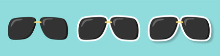 A set of sunglasses on a blue background. A sticker with black glasses. Retro hippie style. Vector illustration.のイラスト素材