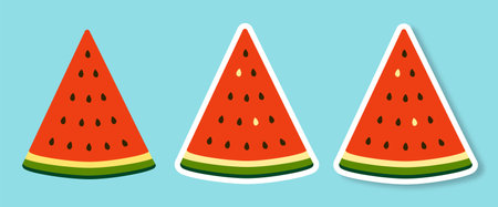 A set of watermelon slice stickers or icons on a transparent background. Fashionable design in the style of pop art of the 80s. Vector illustration.のイラスト素材