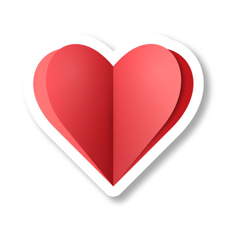 A red paper heart with a shadow on a white background. Cartoon heart sticker. The concept of February 14th. Vector illustration.のイラスト素材