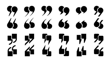 A set of quotation mark icons on a white background. Quotes, isolated black vector icons in the form of commas, quotation marks. Vector EPS 10.のイラスト素材