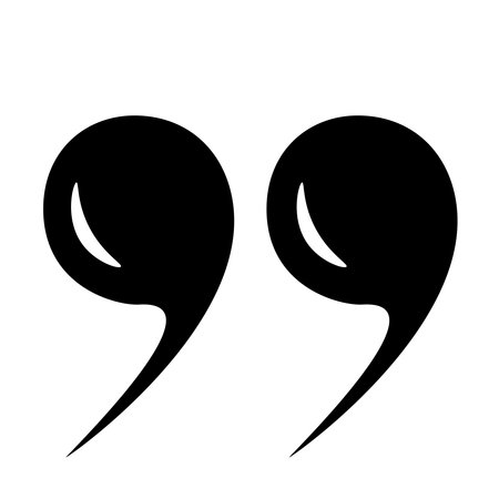 A flat quotation mark icon with highlights on a white background. Quotation marks, isolated black vector icon in the form of a comma, quotation marks. Vector EPS 10.のイラスト素材