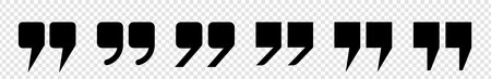 A set of icons with black square quotes, commas on a transparent background. A collection of flat square comma characters. Vector EPS 10.のイラスト素材