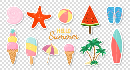 A collection of summer stickers with various seasonal elements on a transparent background. A set of summer stickers or icons. Fashionable design in the style of pop art of the 80s. Vector EPS 10.のイラスト素材