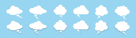 A set of speech bubbles on a blue background. A chat window for commenting on messages. White clouds. Vector illustration.のイラスト素材