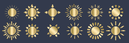 A set with golden sun symbols on a dark background. Logos in the shape of the sun in boho style. Vector EPS 10のイラスト素材
