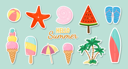 A collection of stickers or cartoon icons on a green background. A large set of summer stickers....