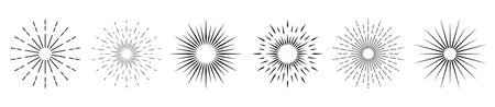 A set of six solar bursts on a white background. Suns and sun rays in vintage style. Collection of starbursts, logos. Vector illustration.のイラスト素材