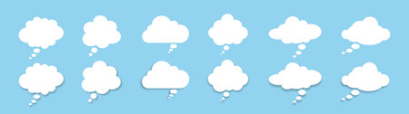 A set of chat windows for commenting on messages on a blue background. Speech bubbles of different shapes. A chat window for commenting on messages. White clouds. Vector EPS 10.のイラスト素材
