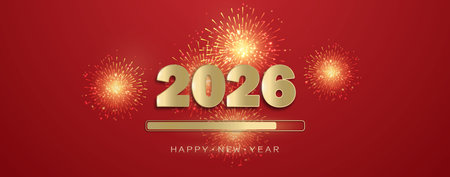 New Years background with golden inscription 2026 and fireworks on a red background. A holiday...