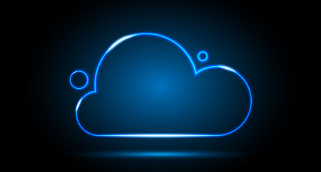 Neon digital cloud icon on a black and blue background. Visualization of data transmission over a network. Neon cloud with highlights. Vector illustration.のイラスト素材