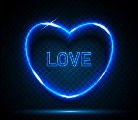 Neon heart-shaped frame with the word love on a dark background. Neon futuristic elements for your design. Vector EPS 10のイラスト素材