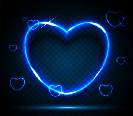 Neon heart-shaped frame with a word on a black and blue background. Neon futuristic elements for your design. Vector EPS 10のイラスト素材