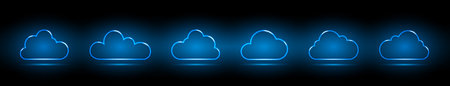 A set of neon digital cloud icon on a black and blue background. Visualization of data transmission over a network. Vector EPS 10.のイラスト素材