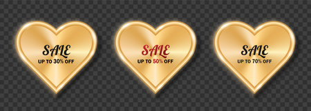 A set of three golden hearts with the words sale on a dark transparent background. Valentines Day sale. Vector illustration.のイラスト素材