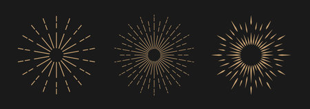 A set of three sunbursts on a dark background. The sun and the sun rays in vintage style. A...