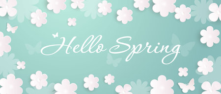Spring flower background. Minimalist cover template with flowers. Natural design with cute flowers on a green background with text. Vector EPS 10.のイラスト素材
