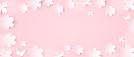 Floral background for spring and summer designs. A banner with white flowers on a pink background. Vector illustration.のイラスト素材