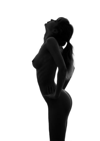 ponytail girl black and white silhouetteの写真素材