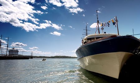 wideangle shot of ship in Oslo harbourの写真素材