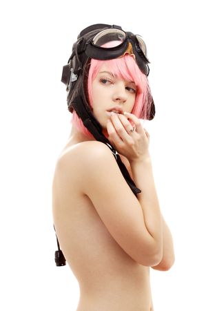 picture of topless pink hair girl in aviator helmetの写真素材