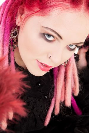 closeup picture of bizarre pink hair girlの写真素材