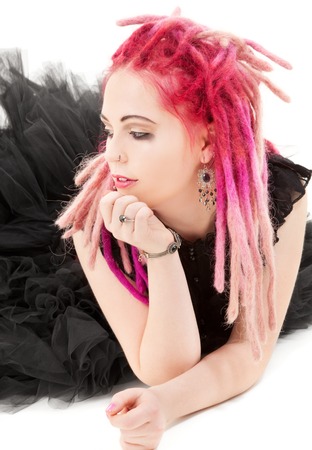 picture of bizarre pink hair girl over whiteの写真素材