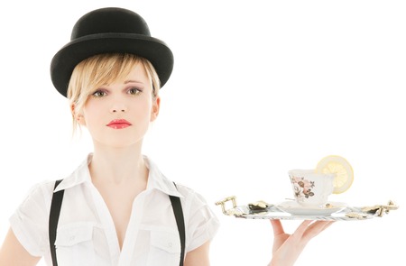 bright picture of lovely girl with cup of teaの写真素材