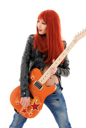 picture of lovely redhead girl with orange guitarの写真素材