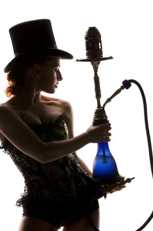 silhouette backlight picture of sexy woman with hookah