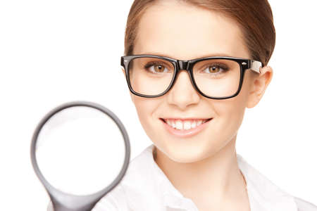 picture of woman with magnifying glass over white