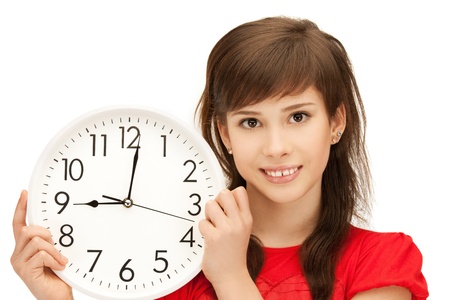 bright picture of teenage girl holding big clock