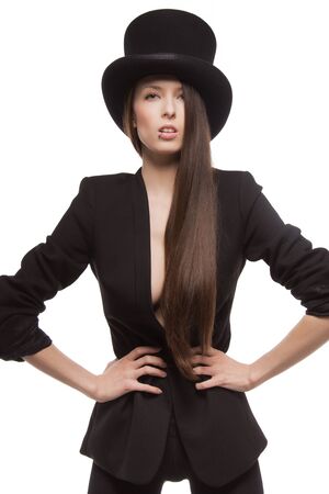 picture of woman in casual clothes with top hatの写真素材