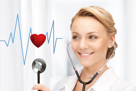 picture of attractive doctor with stethoscope listening heart beat