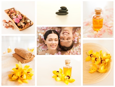 collage with romantic couple in spa and different still life imagesの写真素材