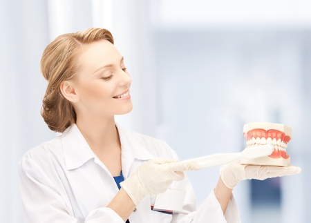 healthcare, medical and stomatology - doctor with toothbrush and jaws in hospitalの写真素材