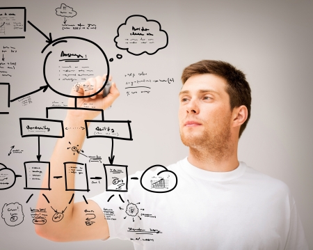 business, education and technology - young man drawing plan on the virtual screen