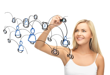 business, technology and networking concept - businesswoman with contact icons on virtual screenの写真素材