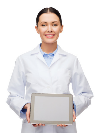 healthcare, technology, advertisement and medicine concept - smiling female doctor with blank black tablet pc screen healthcare, technology, advertisement and medicine concept - smiling female doctor with blank black tablet pc screen