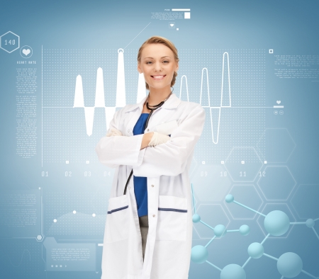 healthcare, research, science, chemistry and medical concept - smiling female doctor with stethoscopeの写真素材