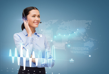 business and office concept - friendly female helpline operator with headphones