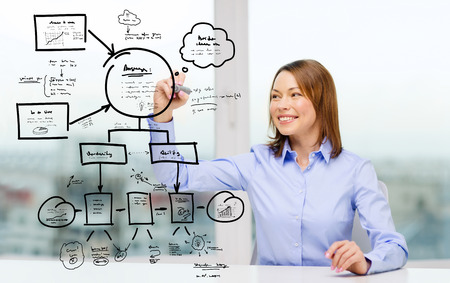 office, business, technology concept - businesswoman drawing big plan on virtual screenの写真素材