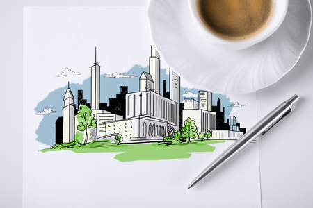 business and architecture concept - paper for note with city sketch and coffeeの写真素材