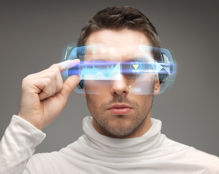 future, technology and people concept - man in futuristic glasses future, technology and people concept - man in futuristic glasses