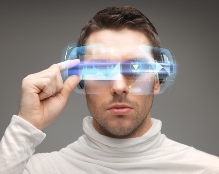 future, technology and people concept - man in futuristic glassesの写真素材