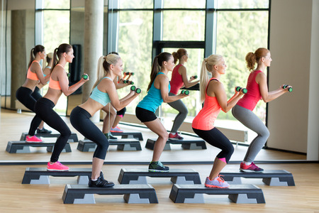 fitness, sport, training, gym and lifestyle concept - group of women working out with dumbbells and...