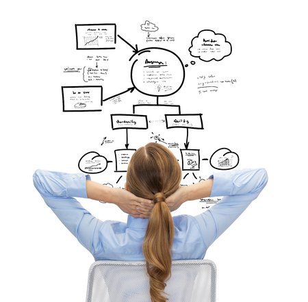 business, education, people and office concept - businesswoman or teacher in suit pointing finger up from backの写真素材