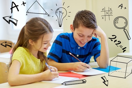 education, elementary school, learning and people concept - group of school kids with pens and...